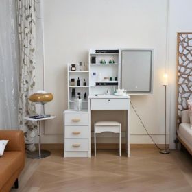 Vanity Desk with Sliding Mirror and Lights, Makeup Vanity Set with 4 Drawers, Stool, Open Shelves, 3 Color Adjustable Lighting Modes