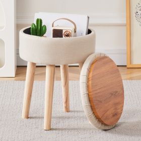 Storage Ottoman Linen Round Vanity Stool Tray Top Modern Foot Stool with Wood Legs Multifunctional Upholstered Foot Ottoman Rest for Living Room