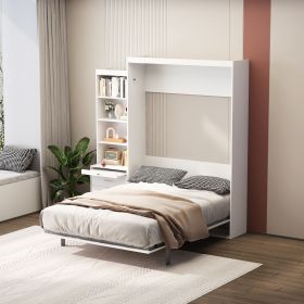 Morden Deisgn Full Size Vertical Murphy Bed with Shelf and Drawers for Bedroom or Guestroom White Wall Bed Space Saving Hidden Bed with New Style