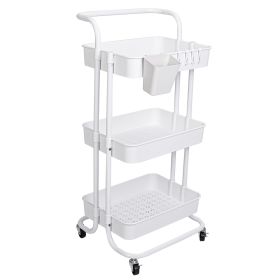 3 Tier Rolling Utility Cart Movable Storage Organizer with Mesh Baskets Lockable Wheels 360 Degree Rotatable Hanging Box Hooks Bedroom Bathroom K (Type: 3 Tier, Color: White)