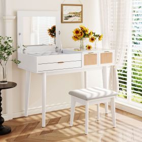 43.3" Classic Wood Makeup Vanity Set with Flip-top Mirror and Stool, Dressing Table with Three Drawers and storage space (Material: Solid Wood+MDF, Color: White)