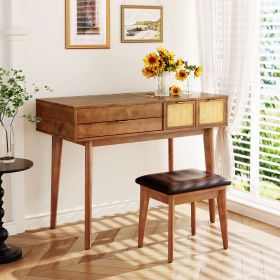 43.3" Classic Wood Makeup Vanity Set with Flip-top Mirror and Stool, Dressing Table with Three Drawers and storage space (Material: Solid Wood+MDF, Color: Brown)