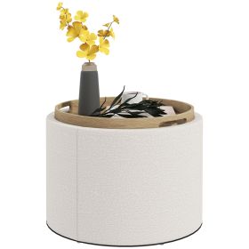 Round Storage Ottoman Coffee Table with Flip Top Tray, Linen Fabric Upholstered Footstool with Hidden Compartment (Title: Default Title)